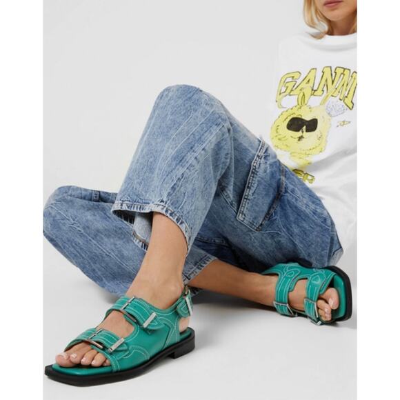 Ganni Sandals Womens 6 36 Embroidered Western Buckles Teal Green Casual Summer